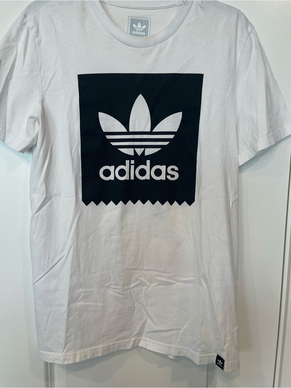 adidas White Short Sleeve Trefoil Logo Tee with Black Print
